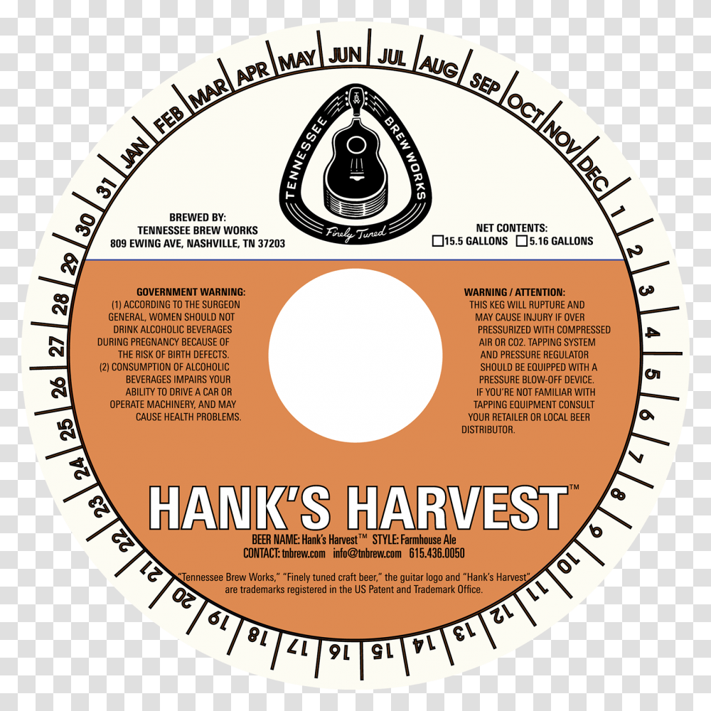 Tbw Hanks Harvest Keg Collar 2016 Craftbeerdotcom1 Tennessee Brew Works, Label, Disk, Dvd Transparent Png