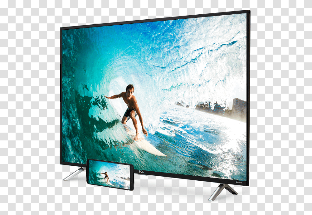 Tcl Display Angled To The Left Showing A Male Surfer Edenwood, Monitor, Screen, Electronics, Person Transparent Png