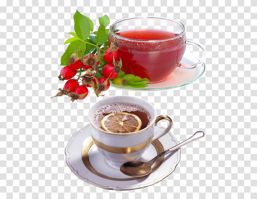 Tea A Cup Of Tea A Slice Of Lemon Berry Breakfast Rosehip Tea, Saucer, Pottery, Beverage, Spoon Transparent Png
