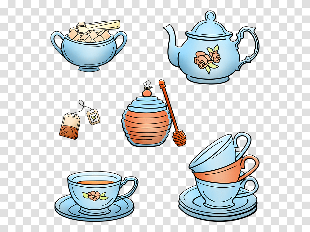 Tea Set Tea Cup Teapot Honey Tea Bag Sugar Coffee Teapot, Pottery, Saucer, Coffee Cup, Candle Transparent Png