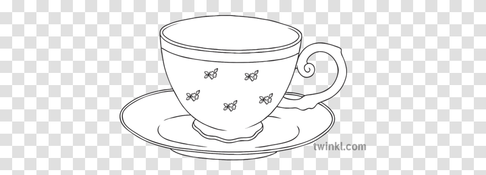 Teacup Black And White Illustration Twinkl Line Art, Saucer, Pottery, Coffee Cup Transparent Png