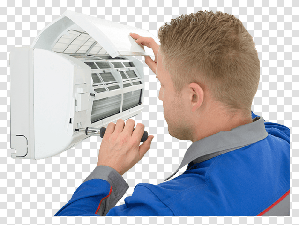 Technician Repairing Air Conditioner Air Conditioner Repair, Person, Human, Appliance, Head Transparent Png