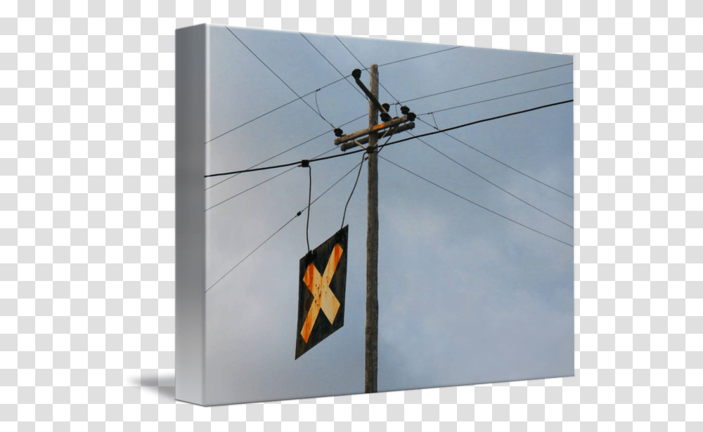 Telephone Pole And Train Crossing Sign, Flag, Cable, Bird Transparent Png