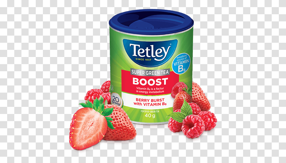 Tetley Super Green Boost With Vitamin B6 Tetley Boost Green Tea, Plant, Strawberry, Fruit, Food Transparent Png