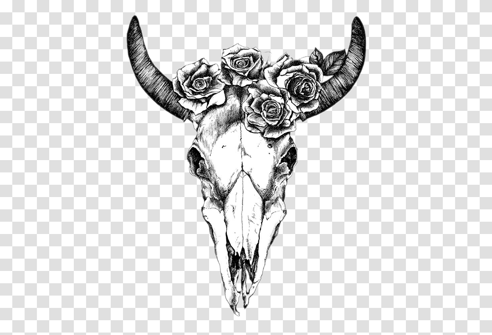 Texas Longhorn Drawing Human Skull Symbolism Bull Cow Skull With Flowers Drawing, Mammal, Animal, Wildlife, Goat Transparent Png