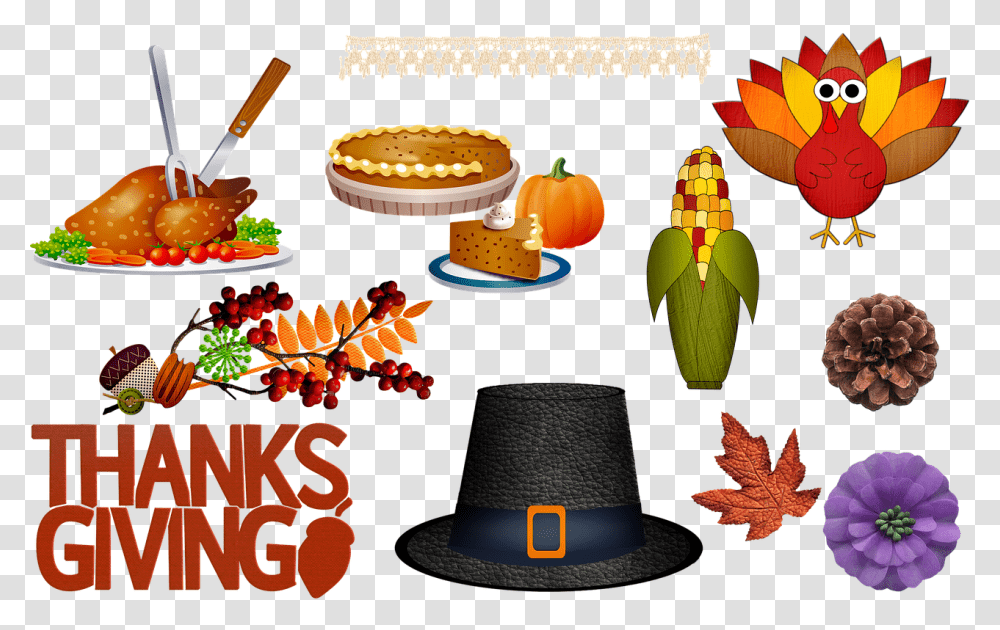 Thanksgiving Pilgrim Hat Corn Pumpkin Pie Flowers Vector Food, Leaf, Plant, Apparel Transparent Png