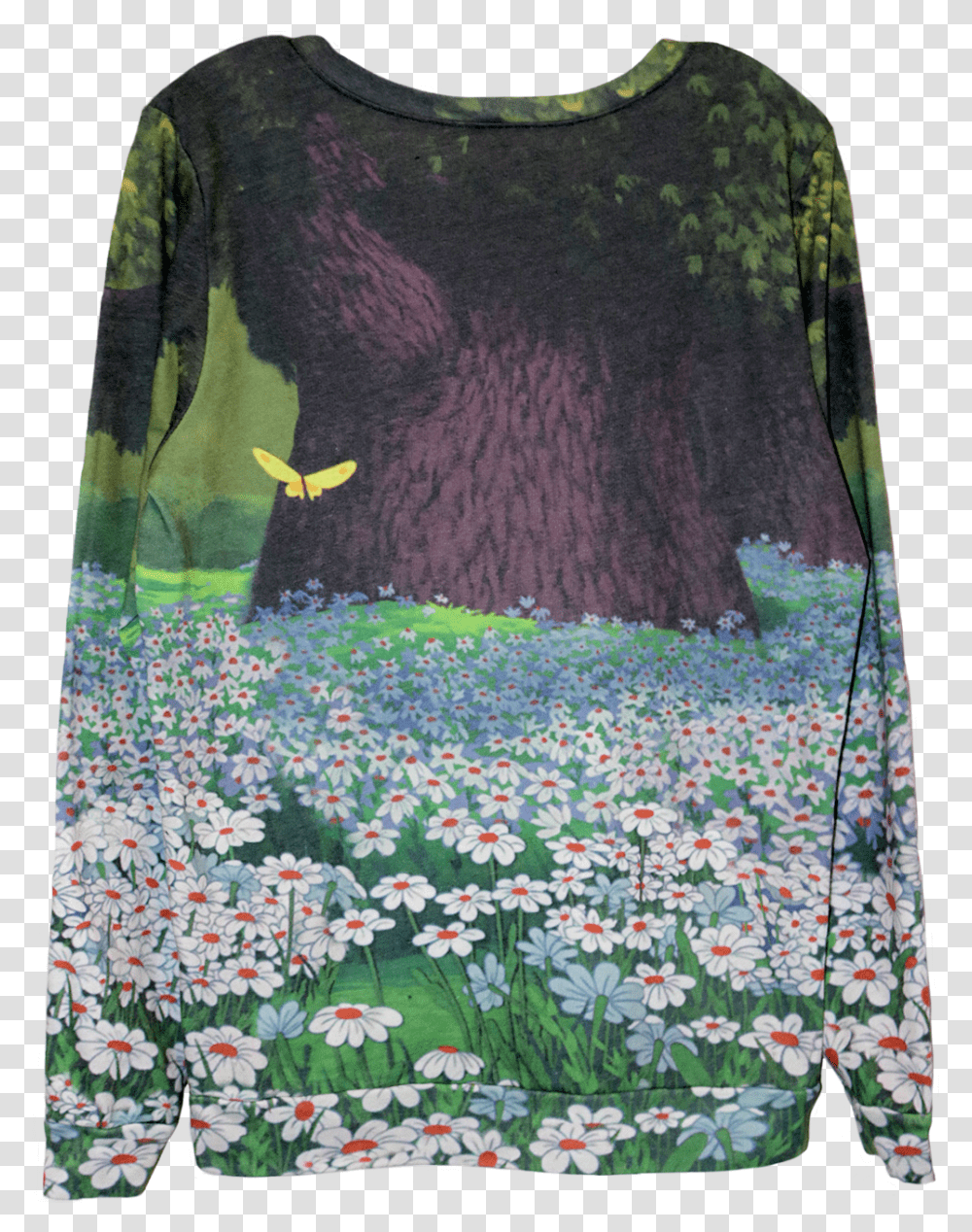 The Back Of The Long Sleeve Shirt That Shows A Field Sweater, Plant, Flower, Daisy Transparent Png