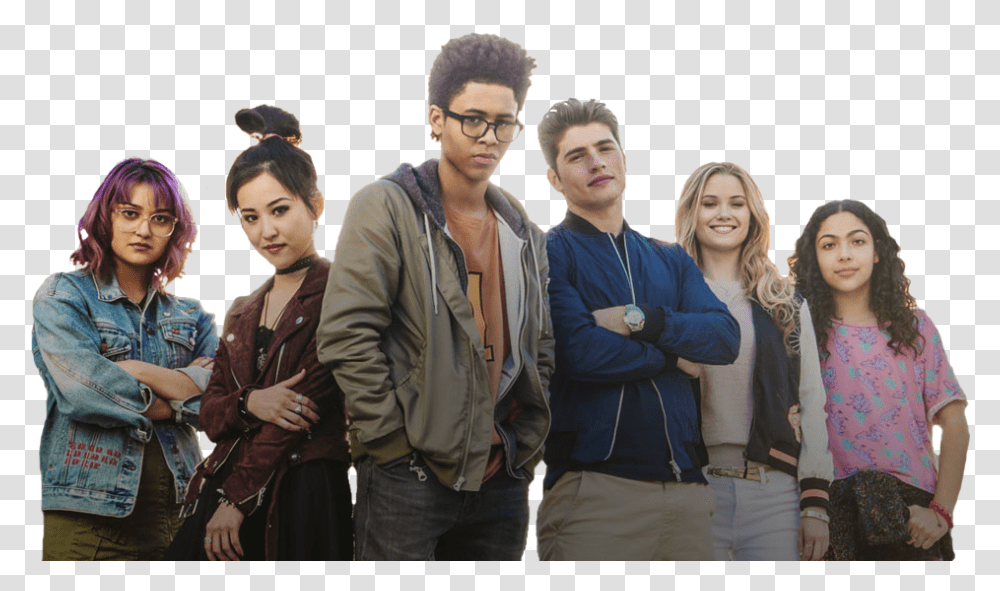The Cast Of Hulu And Marvels Runaways Runaways Series, Person, Jacket, Coat Transparent Png