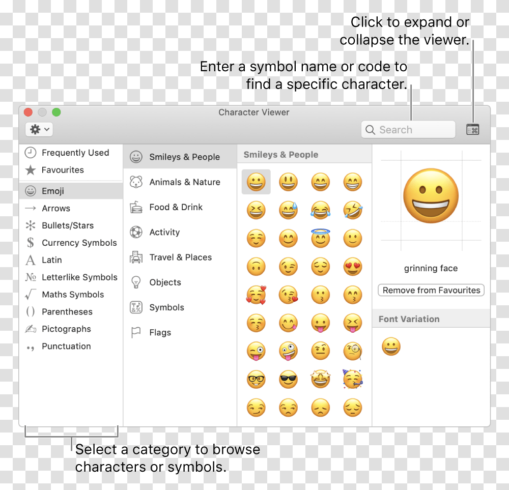 The Character Viewer Window Text Emojis, Menu, Number, File Transparent Png