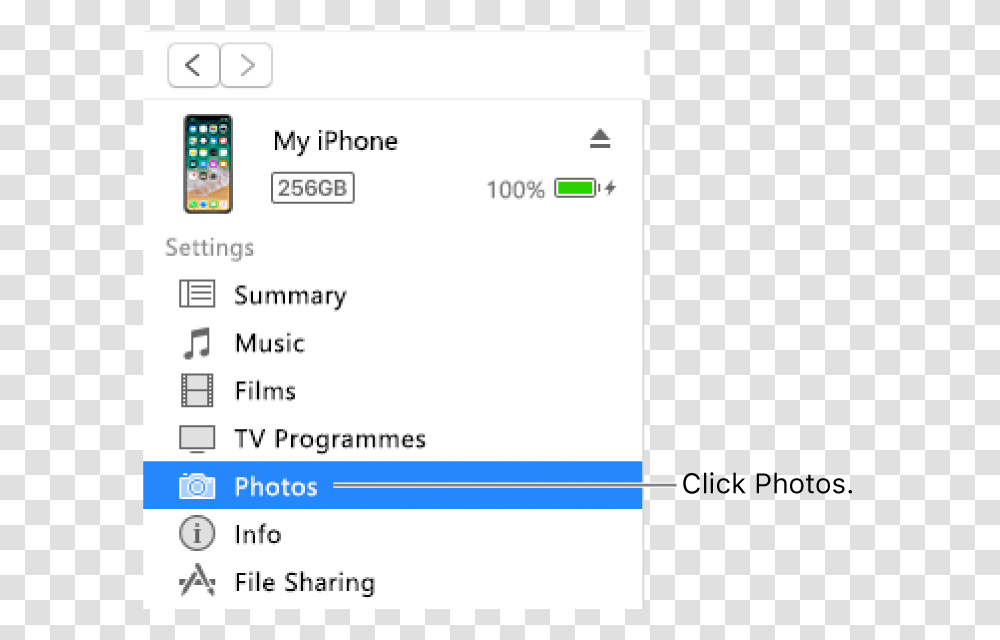 The Device Window With Photos Selected In The Sidebar Sync App In Itunes, Mobile Phone, Electronics, File Transparent Png