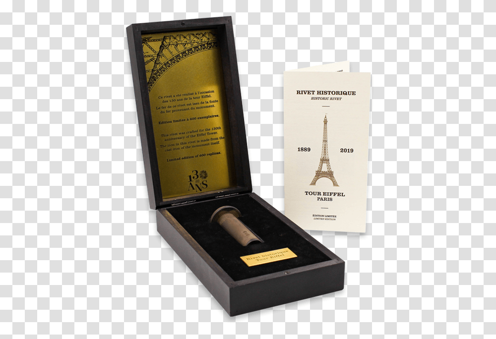 The Historic Rivet Of Eiffel Tower Box, Text, Bottle, Advertisement, Poster Transparent Png