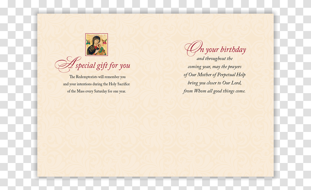 The Interior Of Our Birthday Mass Card Virgen Del Perpetuo Socorro, Person, Human, Envelope Transparent Png