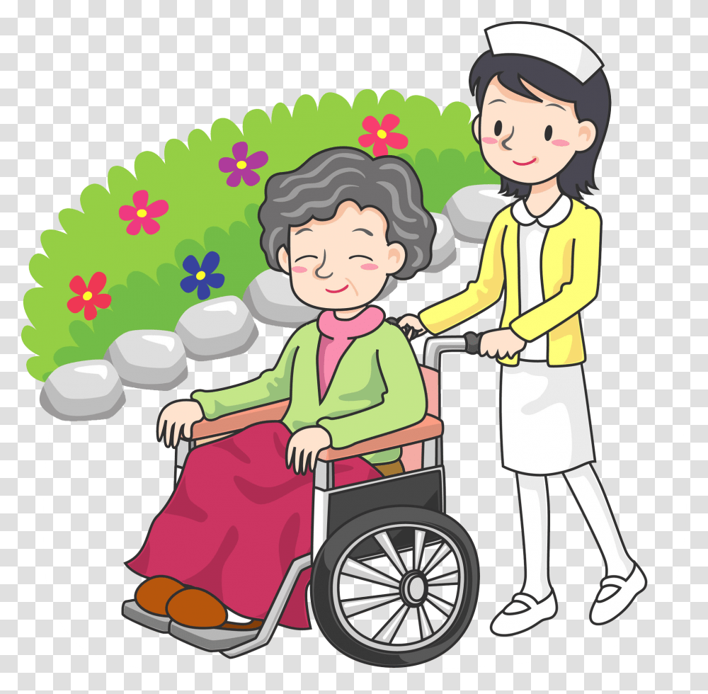 The Nurse Pushed The Wheelchair Man For A Walk, Furniture, Person, Drawing Transparent Png