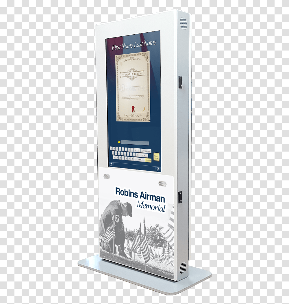 The Robins Airman Memorial Kiosk Can Be Found Inside Banner, Word, Person, Machine Transparent Png