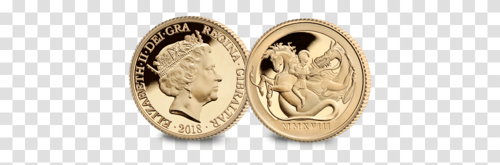 The Saint George & Dragon Quarter Sovereign 2018 Coin Artifact, Money, Person, Human, Gold Transparent Png