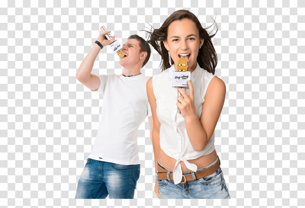 The Singalong Pro Dual Speaker Karaoke Microphone Is Person Singing With Microphone, Female, Aluminium, Beverage Transparent Png