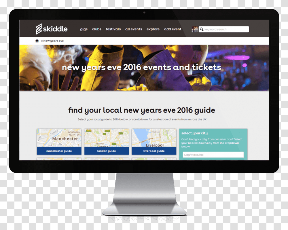 The Skiddle New Yearquots Eve Guide Promote An Event On Website, Monitor, Screen, Electronics, Display Transparent Png