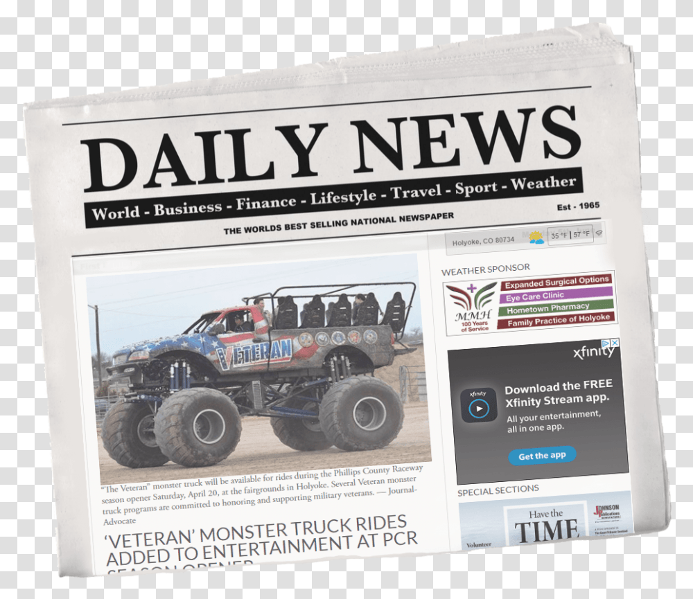 The Veteran Monster Truck In News Newspaper Headline, Text, Wheel, Machine, Person Transparent Png