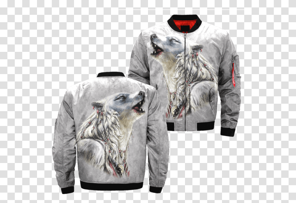 The White Wolf American Native Over Print Bomber Jacket Flight Jacket, Clothing, Sleeve, Long Sleeve, Sweatshirt Transparent Png