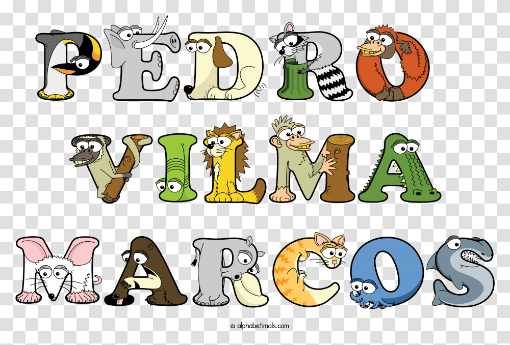 The Word Pedro Vilma Marcos Written In Cute Cartoon Animal Animal Figure, Number, Symbol, Text, Alphabet Transparent Png