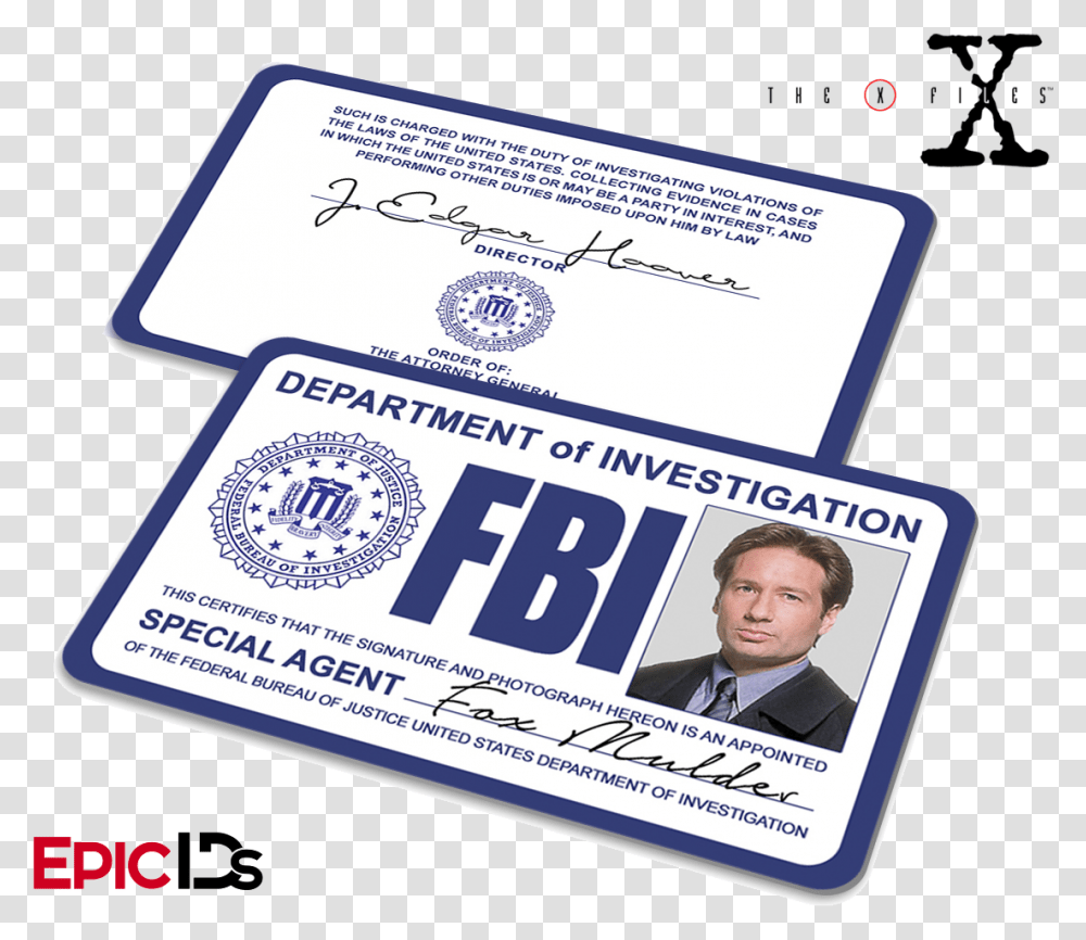 The X Files Inspired Fox Mulder Fbi Special Agent Id Fbi Special Agent Id, Person, Human, Id Cards Transparent Png