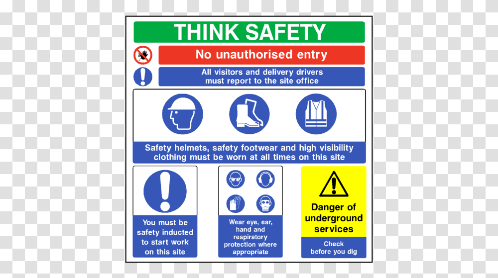 Think Safety Construction Sign Safety Signage For Construction Site, Advertisement, Poster, Flyer, Paper Transparent Png