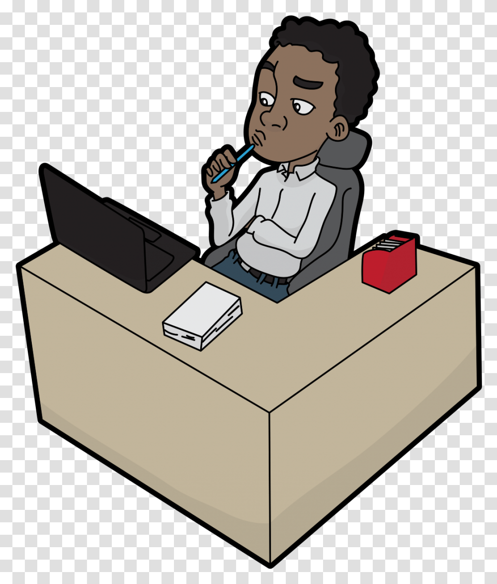 Thinking At Desk Cartoon, Person, Human, Electronics Transparent Png