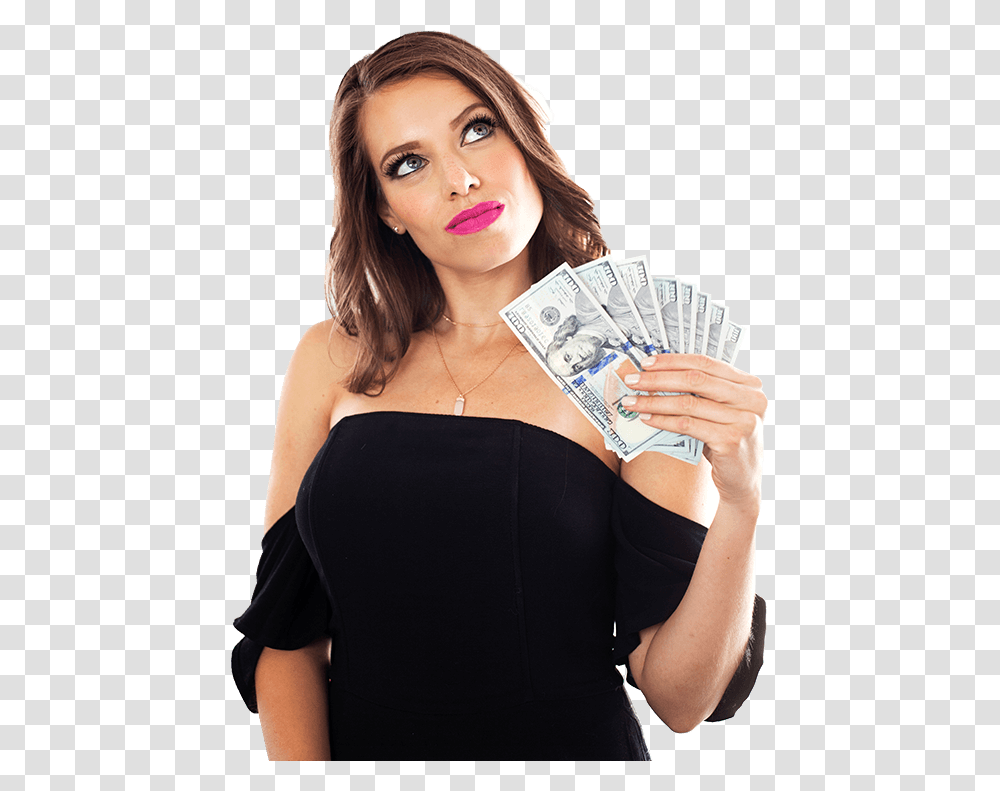Thinking Woman Holding Money, Person, Human, Female, Portrait Transparent Png