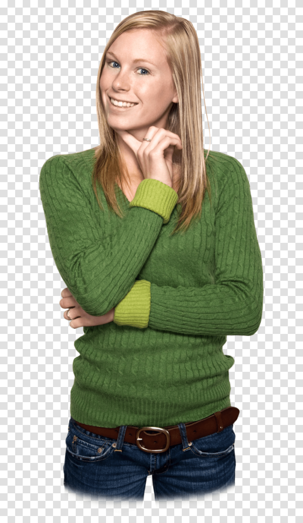 Thinking Woman Image Woman Green, Apparel, Sweater, Person Transparent Png