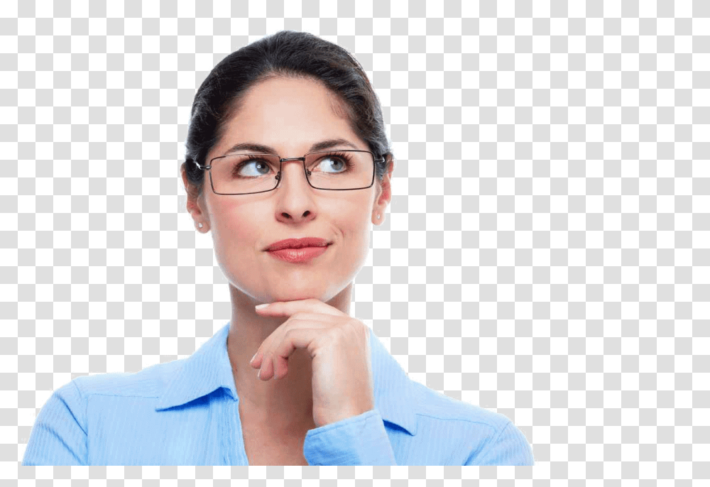 Thinking Woman, Person, Face, Female, Glasses Transparent Png