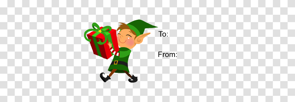 This Gift Tag Features A Grinning Elf Carrying A Large Wrapped, Costume, Person, Human, Face Transparent Png