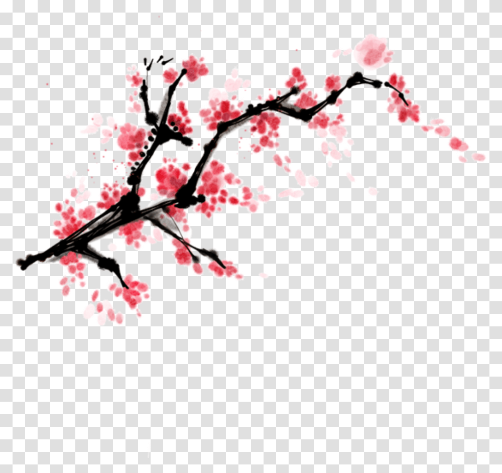 This Graphics Is Painted Ink Peach Blossom Branch Element Cherry Blossom Branch Painting, Plant Transparent Png
