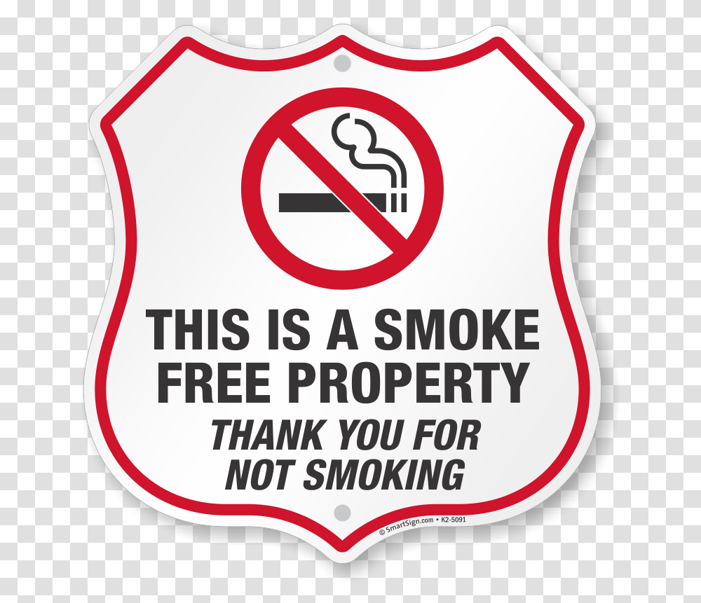 This Is A Smoke Free Property Sign Shield Shape Sku K2 5091 Smoking Ban In Workplace, Symbol, Label, Text, Road Sign Transparent Png