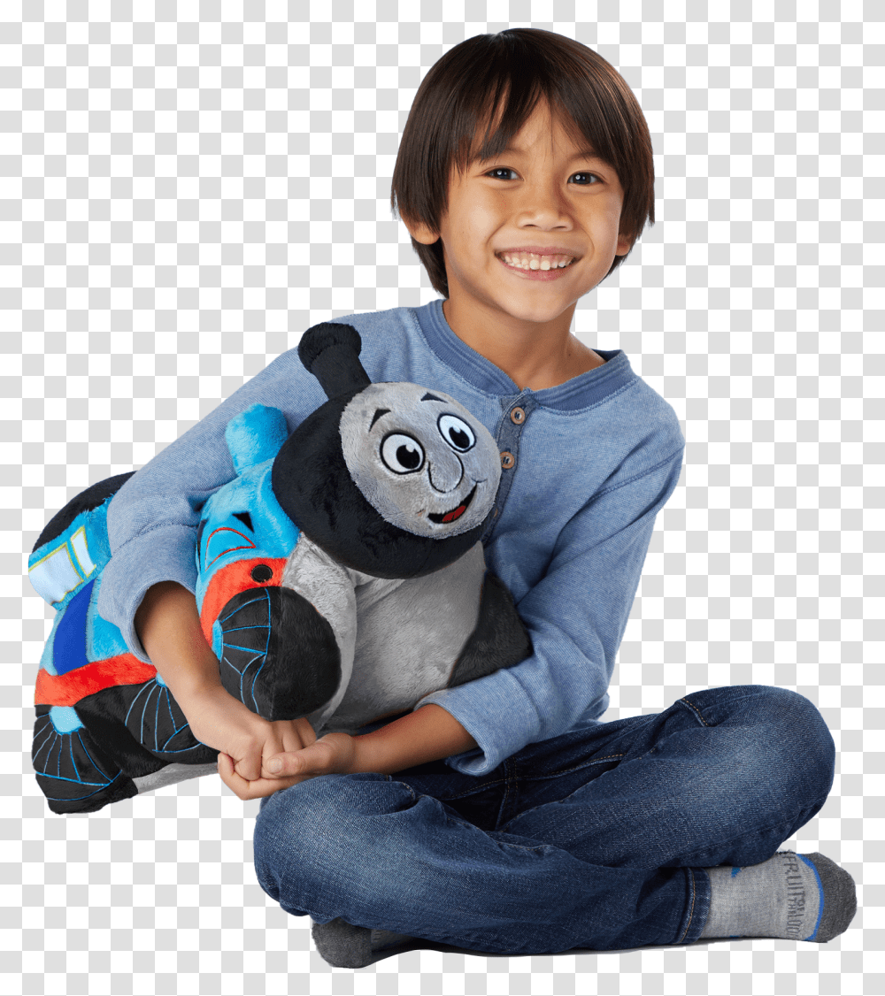 Thomas The Tank Engine Pillow Pet With Boy Sitting, Person, Sleeve, Cushion Transparent Png