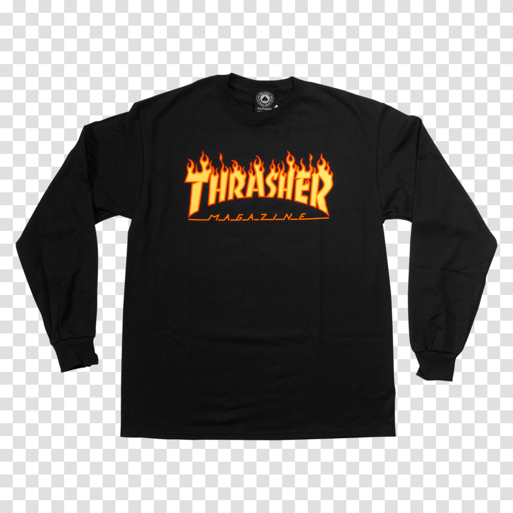 Thrasher Flame Black T Shirt Long Sleeve, Apparel, Person, Human Transparent Png