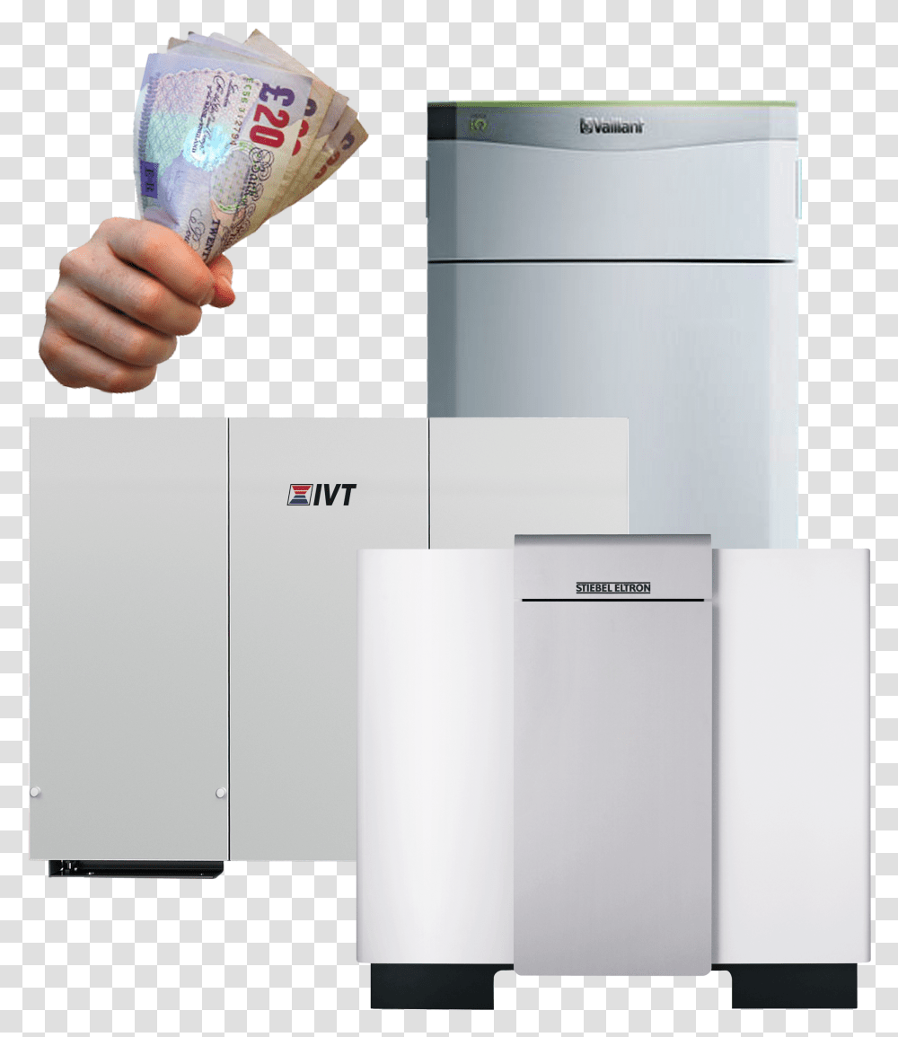 Three Ground Source Heat Pumps With Money In A Clenched, Appliance, Refrigerator Transparent Png