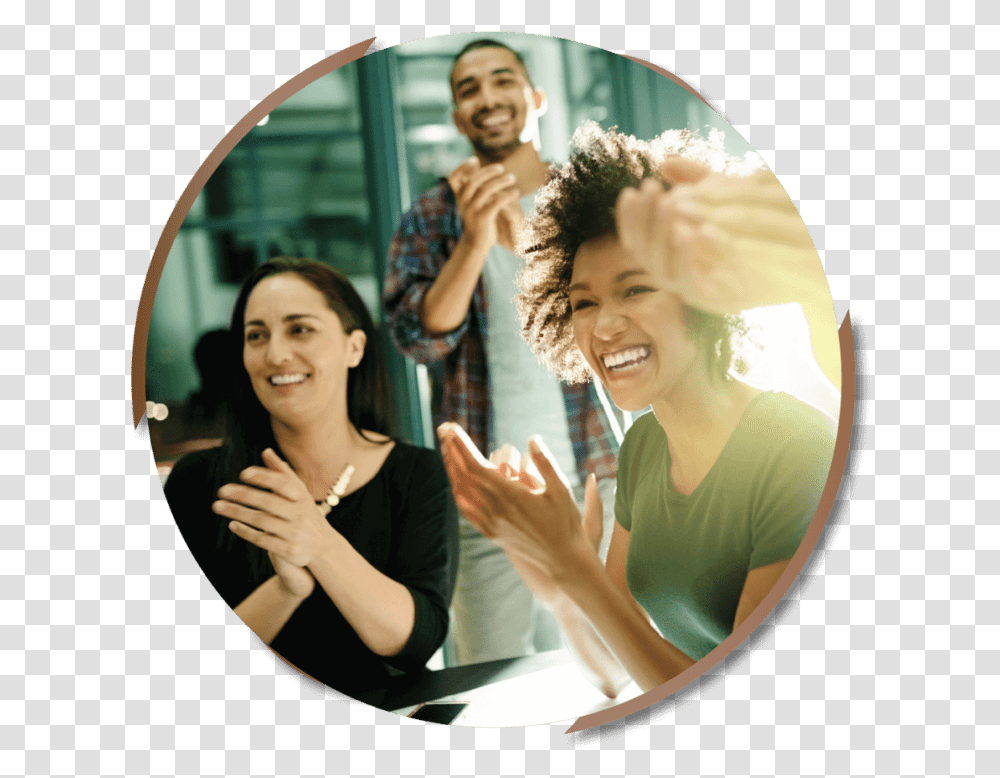 Three People Clapping And Smiling In A Coworking Space Polite Person, Female, Fisheye, Face, Woman Transparent Png