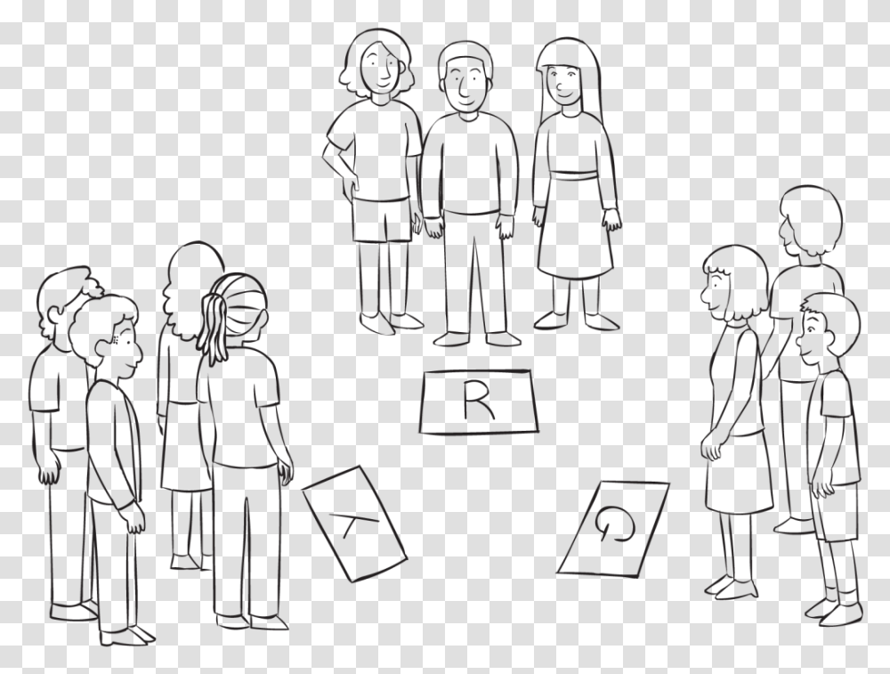 Three Small Groups Standing By Signs Which Reflect Line Art, Person, People, Crowd Transparent Png