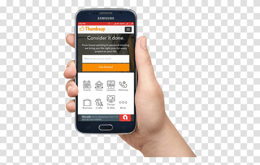 Thumbtack Android App Android App With Hand, Mobile Phone, Electronics, Cell Phone, Person Transparent Png
