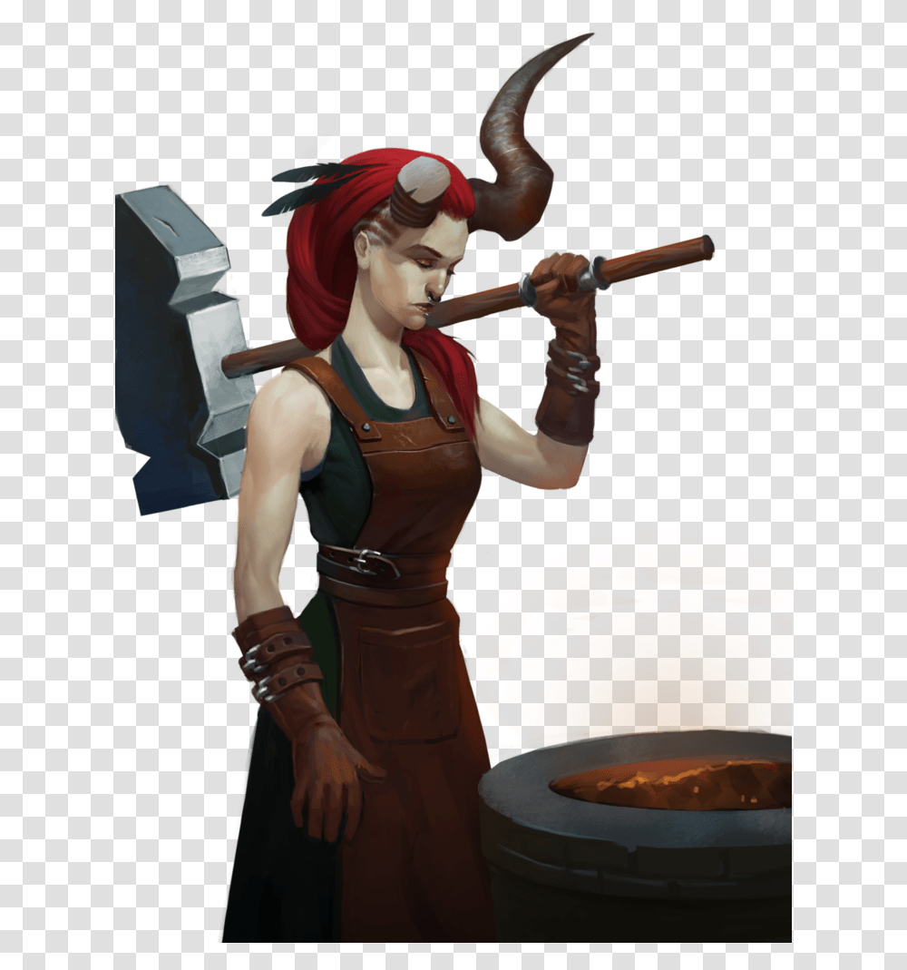 Tiefling Redhair Demon Blacksmith Hammer Horns Dampd Tiefling, Person, Human, Costume Transparent Png