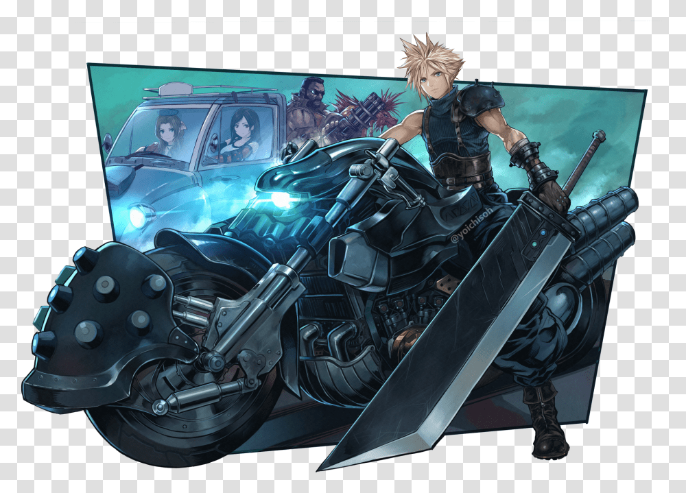 Tifa Lockhart Cloud Strife Aerith Fictional Character, Person, Human, Motorcycle, Vehicle Transparent Png