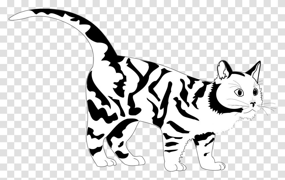 Tiger Cat Black White Line Art Coloring Black And White Cat Clipart, Stencil, Mammal, Animal, Pet Transparent Png