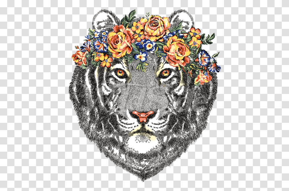 Tiger Head Tiger Head With Flowers Illustration Tiger Head With Flowers, Art, Graphics, Mammal, Animal Transparent Png