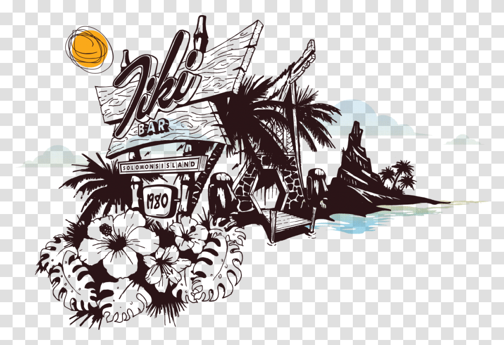 Tiki Man Drawing Black And White Tiki Hut Clipart, Outdoors, Nature, Animal Transparent Png