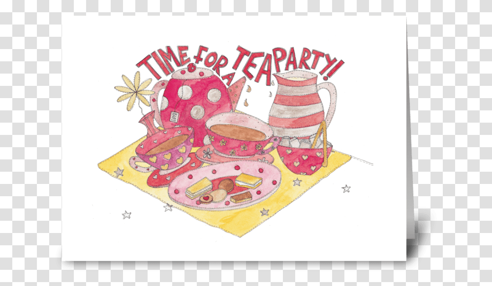 Time For A Tea Party Greeting Card Illustration, Birthday Cake, Leisure Activities, Meal Transparent Png