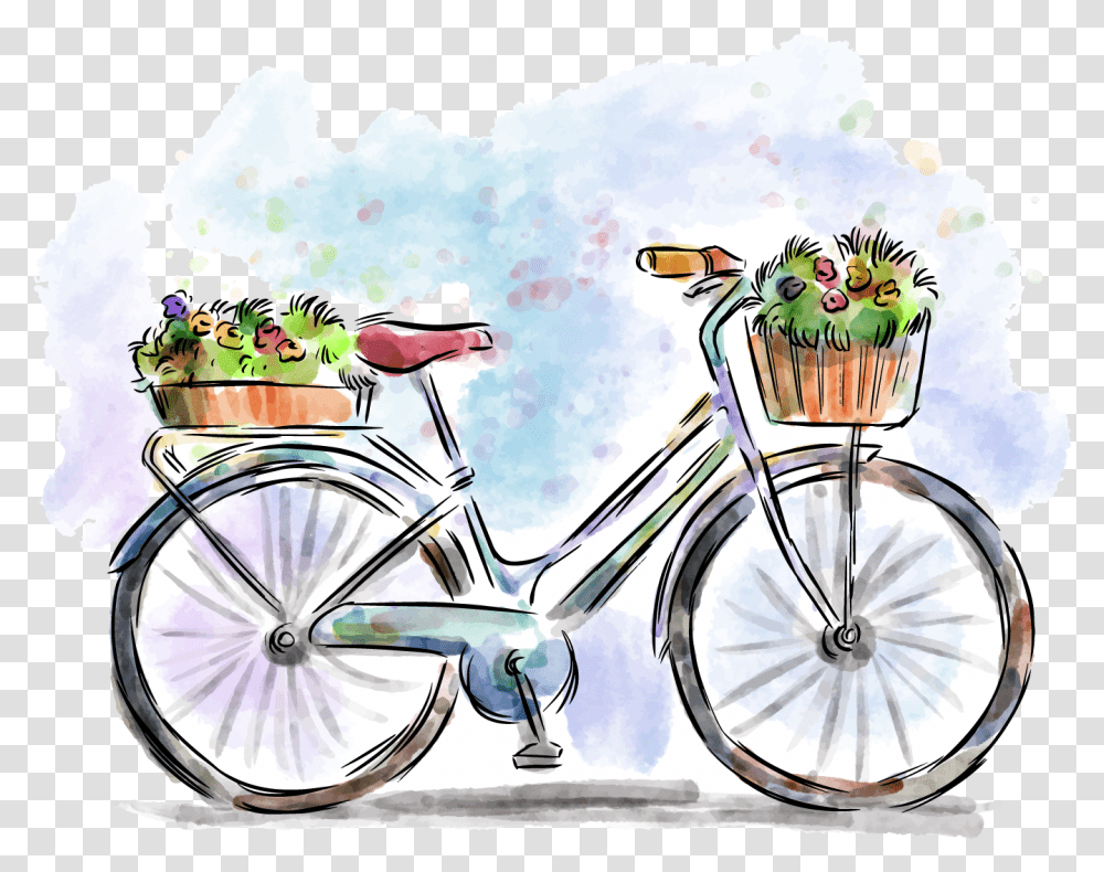 Tire Tracks Vector Watercolor Bicycle With Flowers, Wheel, Machine, Vehicle, Transportation Transparent Png