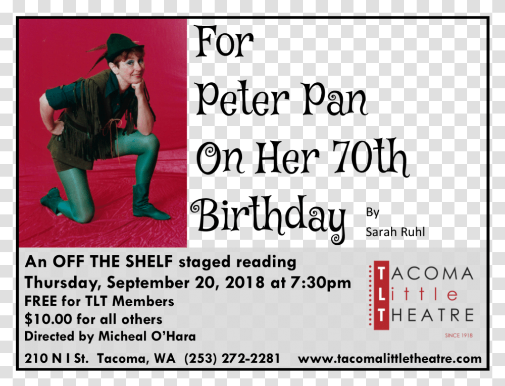 Tlt For Peter Pan On Her 70th Birthday Text, Person, Hat, Poster Transparent Png