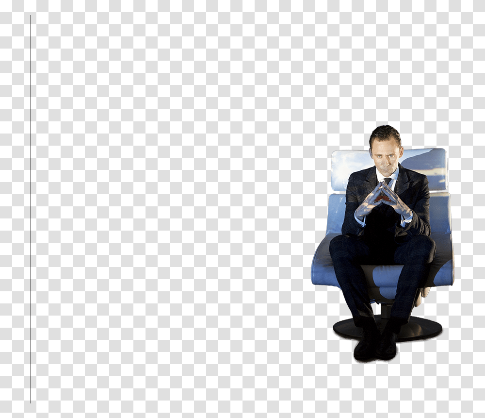Tom Hiddleston On Swivel Chair Sitting, Person, Furniture, Couch Transparent Png
