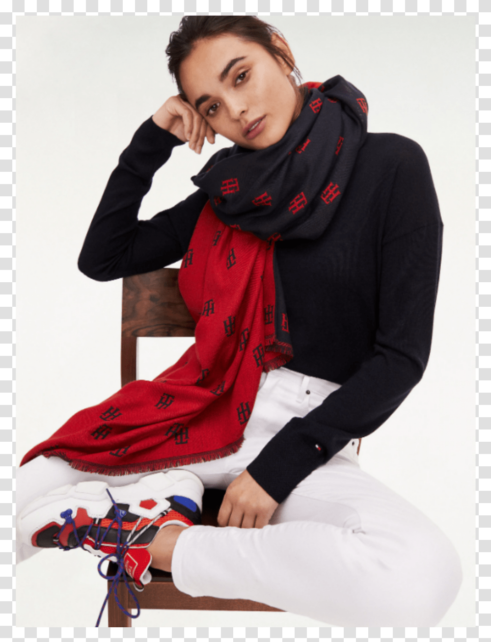 Tommy Hilfiger Monogram Jacquard Scarf Sitting, Sleeve, Long Sleeve, Person Transparent Png