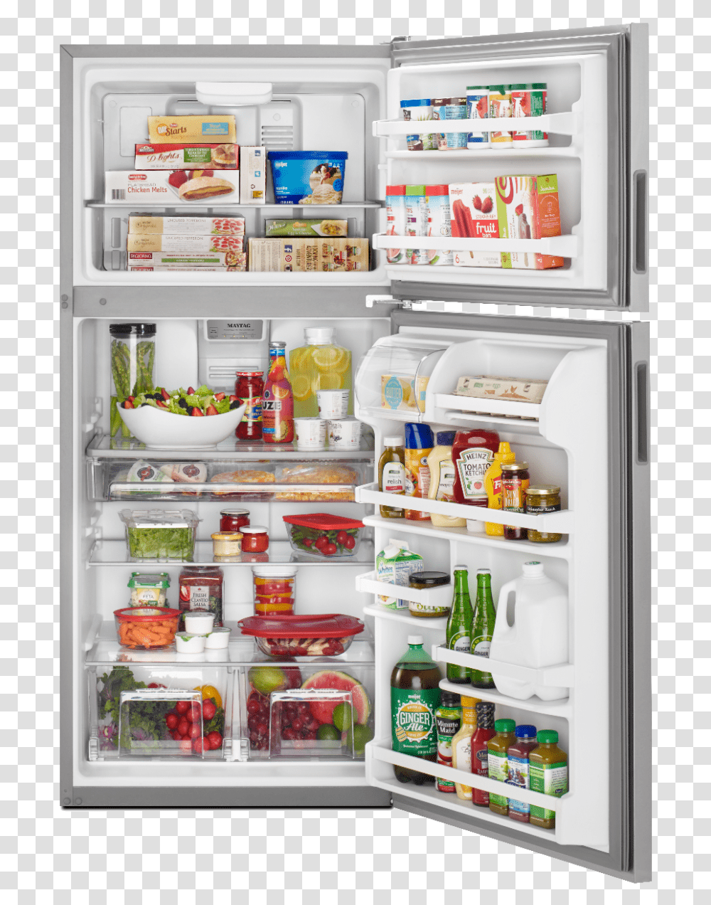 Top Freezer Refrigerator Stocked With Food Organizing A Top Freezer Refrigerator, Appliance, Shelf, Furniture, Jar Transparent Png